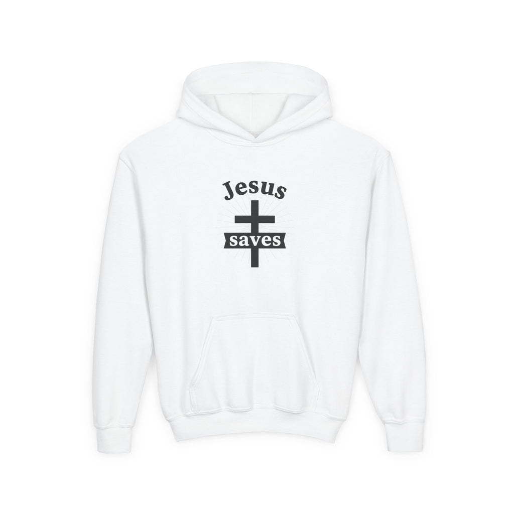Youth Hoodie - "Jesus Saves" Cross Graphic Pullover (Bible Verse Back)