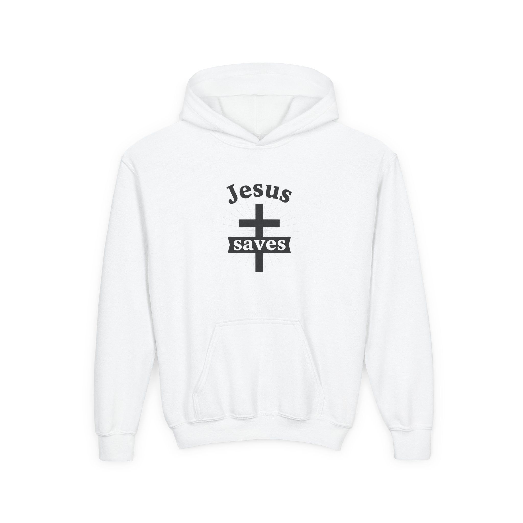 Youth Hoodie - "Jesus Saves" Cross Graphic Pullover (Bible Verse Back)