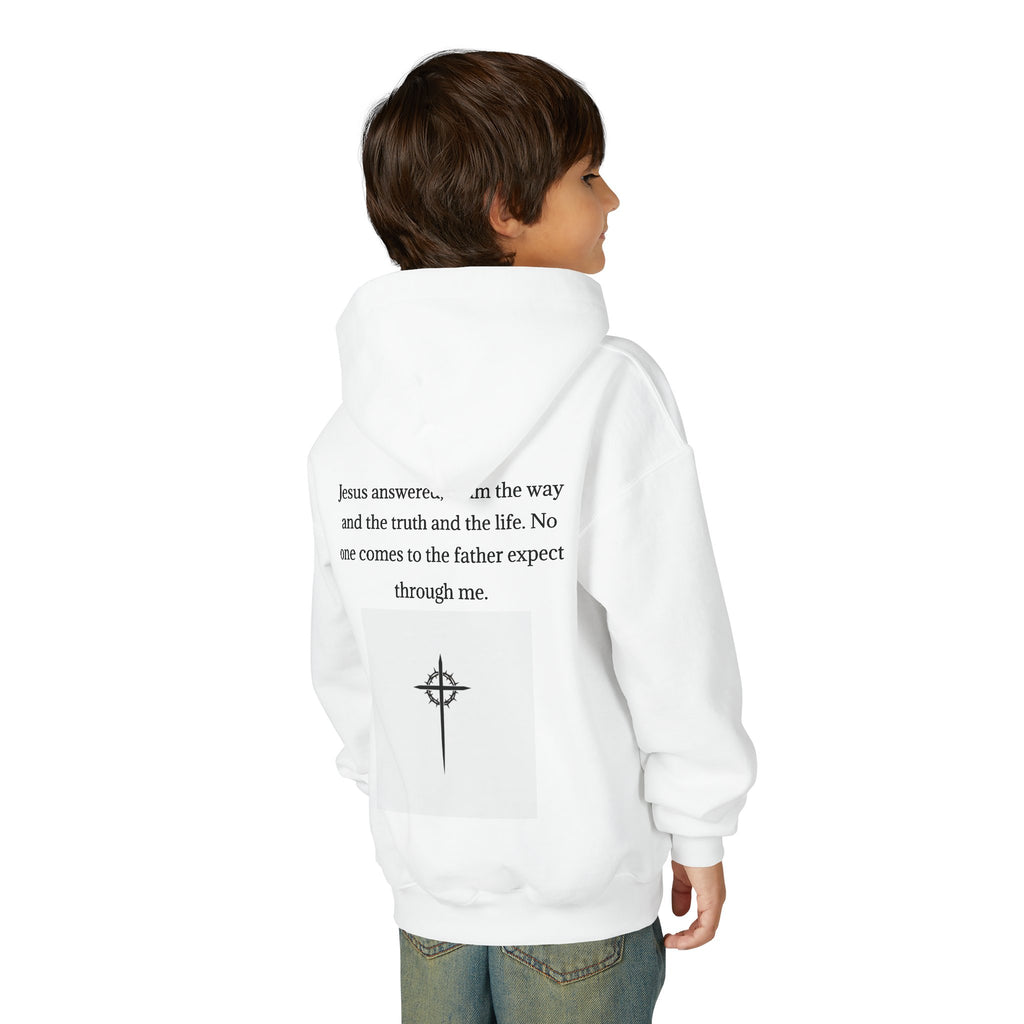 Youth Hoodie - "Jesus Saves" Cross Graphic Pullover (Bible Verse Back)