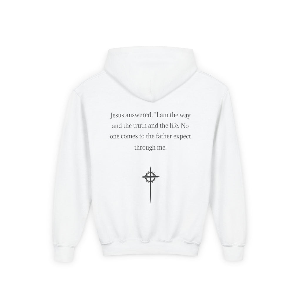 Youth Hoodie - "Jesus Saves" Cross Graphic Pullover (Bible Verse Back)