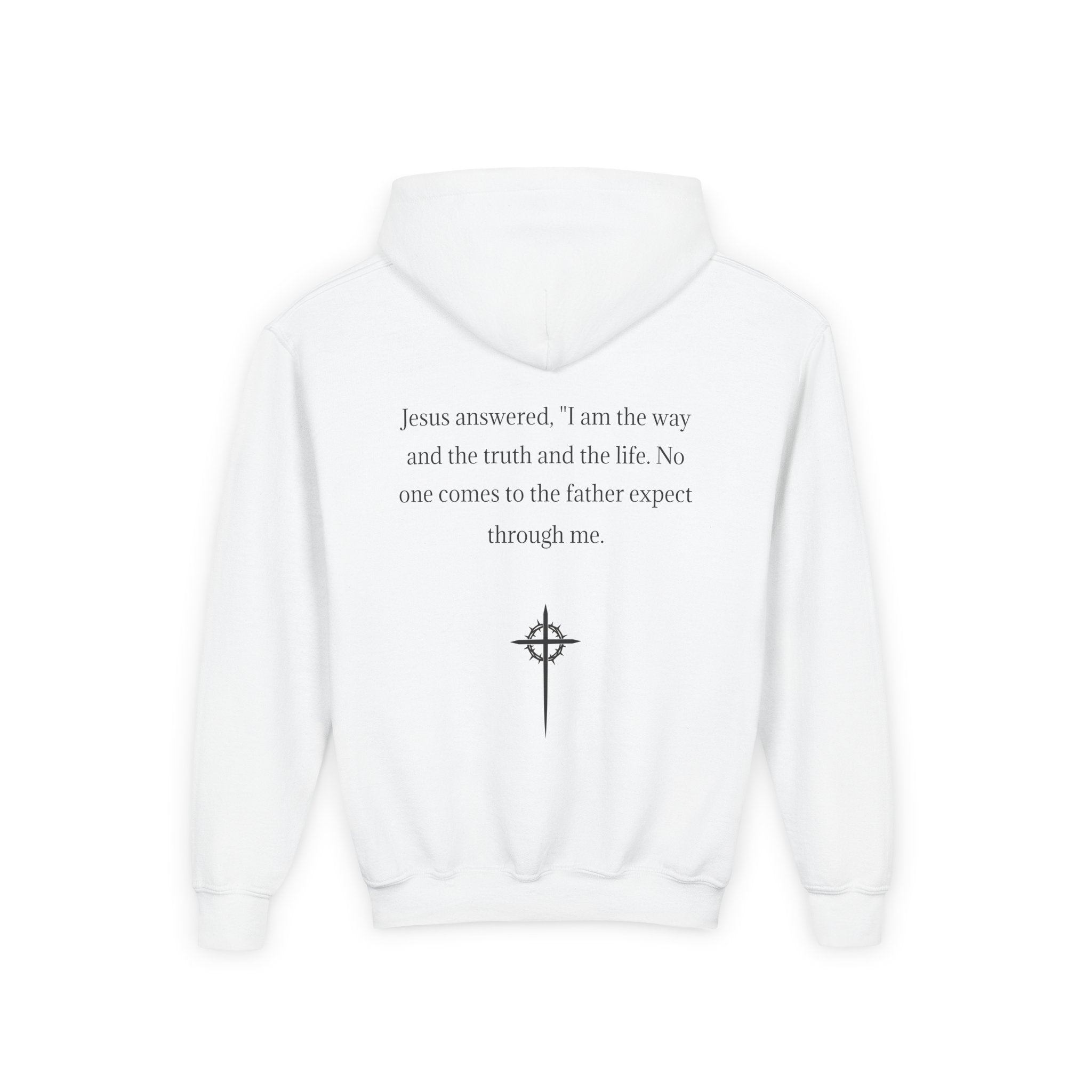 Youth Hoodie - "Jesus Saves" Cross Graphic Pullover (Bible Verse Back)