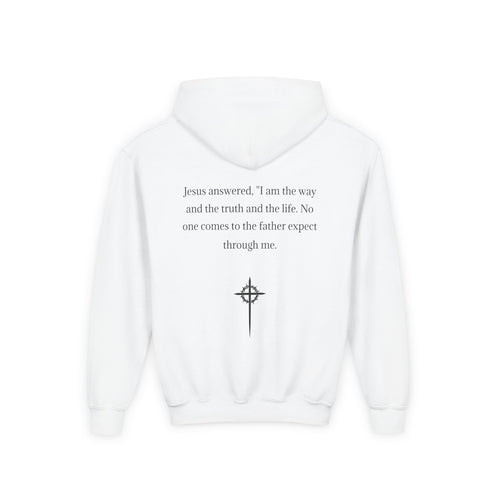 Youth Hoodie - "Jesus Saves" Cross Graphic Pullover (Bible Verse Back)