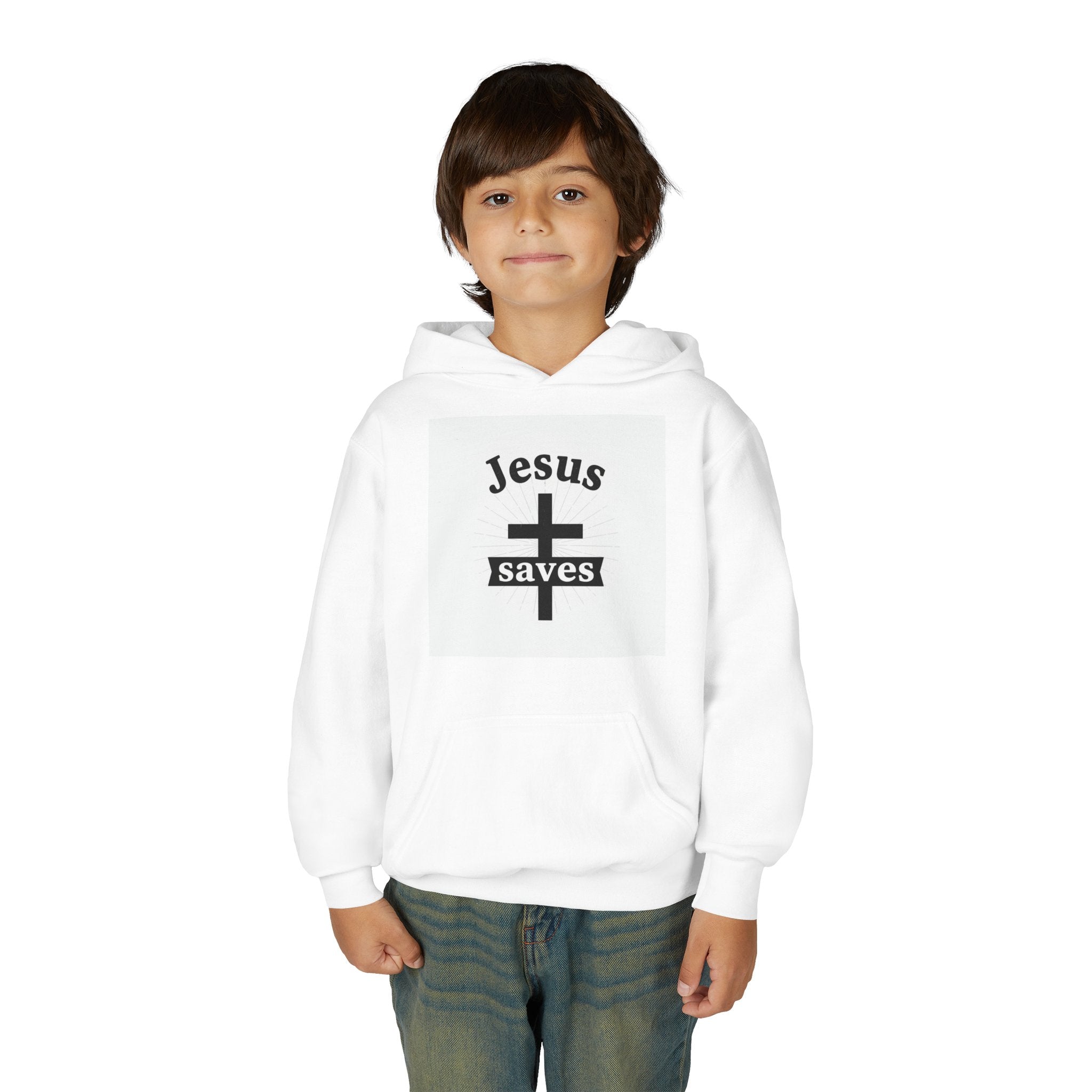 Youth Hoodie - "Jesus Saves" Cross Graphic Pullover (Bible Verse Back)